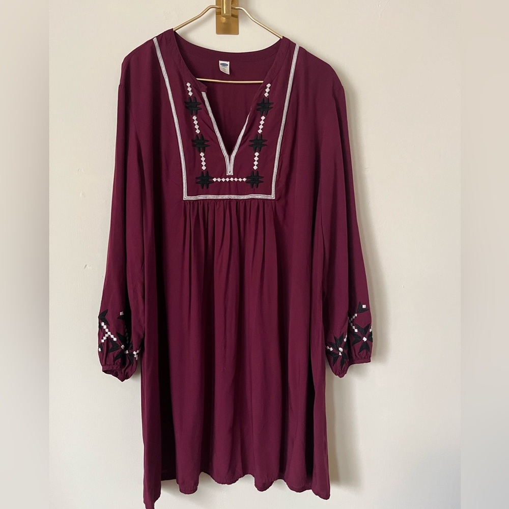Old Navy burgundy bohemian modest Embroidered Long Sleeve Dress XXL